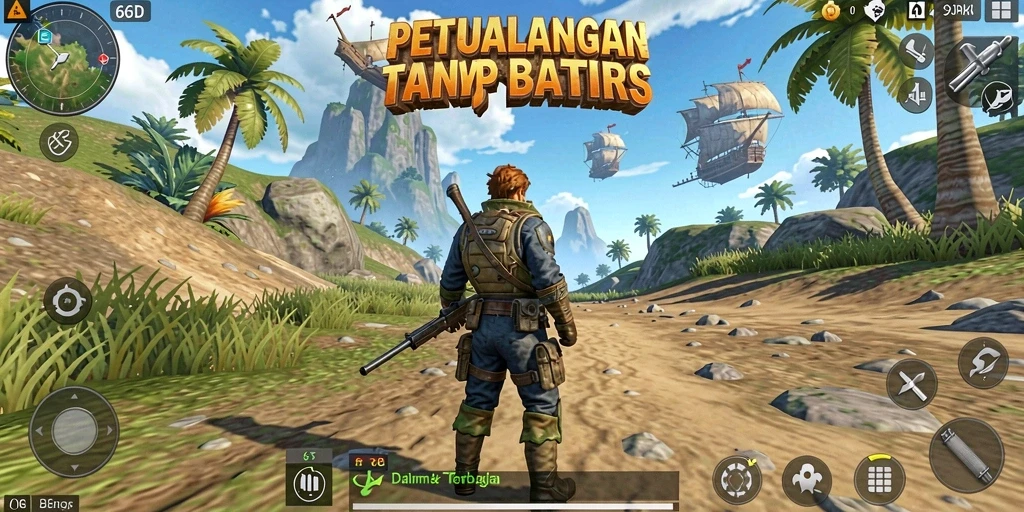 Screenshot utama 66D menampilkan karakter di tengah dunia terbuka yang luas.