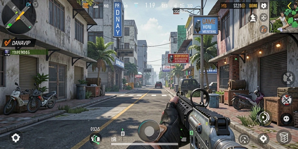 Screenshot gameplay DANAVIP menunjukkan aksi pertempuran seru di lingkungan yang menakjubkan.