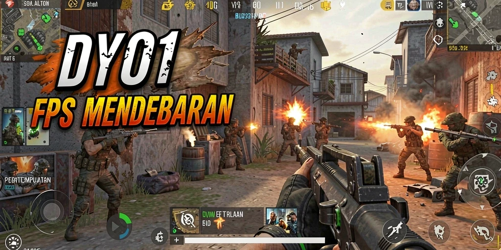 Screenshot utama DY01 menampilkan aksi pertempuran FPS yang intens.
