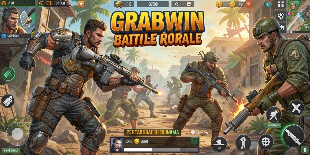 Tangkapan layar gameplay <strong>GRABWIN</strong> yang menunjukkan pertempuran seru di arena Battle Royale.