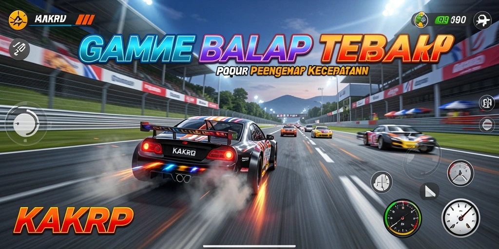 Tampilan gameplay <strong>KAKRP</strong> yang mendebarkan dengan mobil balap di trek.