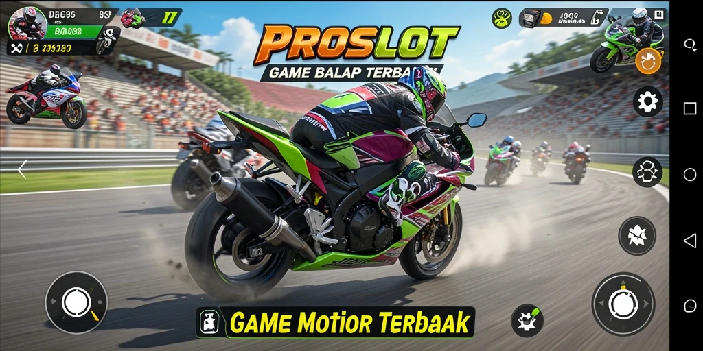 Screenshot gameplay PROSLOT menampilkan balapan seru di trek yang menantang.
