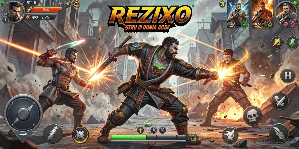 Tampilan dinamis dalam action gameplay REZIXO yang seru.