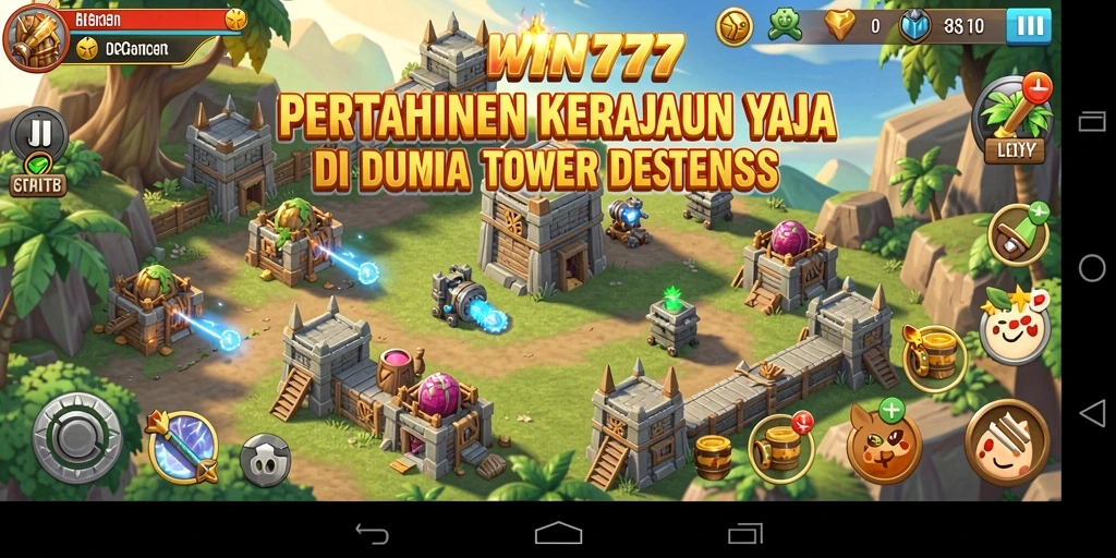 Tampilan gameplay <strong>WIN777</strong> dengan menyajikan pertempuran strategis Tower Defense yang mendebarkan.